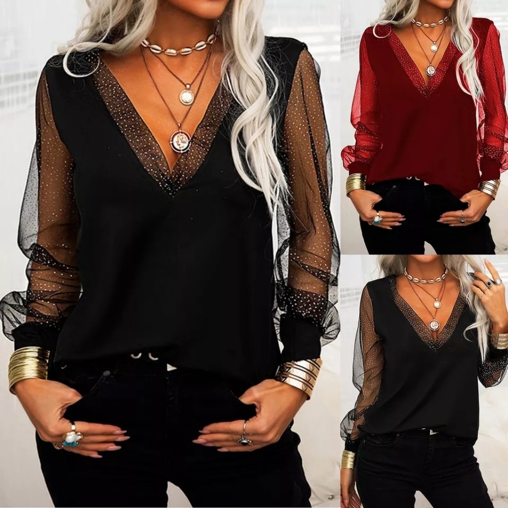 Women Fashion Tops Shirts Sexy Sequined Solid Mesh Splice Clubwear Party Shirt S